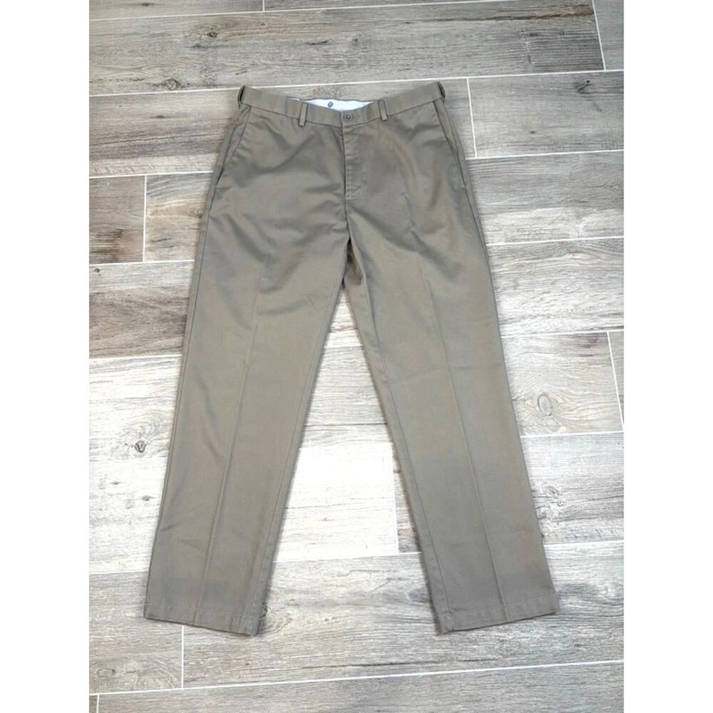 haggar mens flat front chino pants 34x32 khaki taupe cotton dress casual